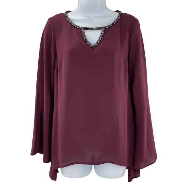 JUICY COUTURE Burgundy Bell Sleeve Rhinestone Trim Keyhole V-Neck Top Blouse XS - Picture 2 of 10